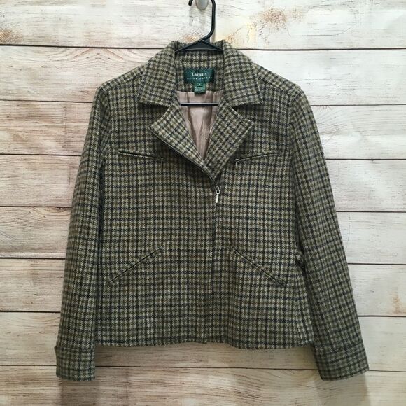 LAUREN RALPH LAUREN MOTO STYLE 100% WOOL BLAZER IN GREEN HOUNDSTOOTH PRINT - Picture 1 of 10